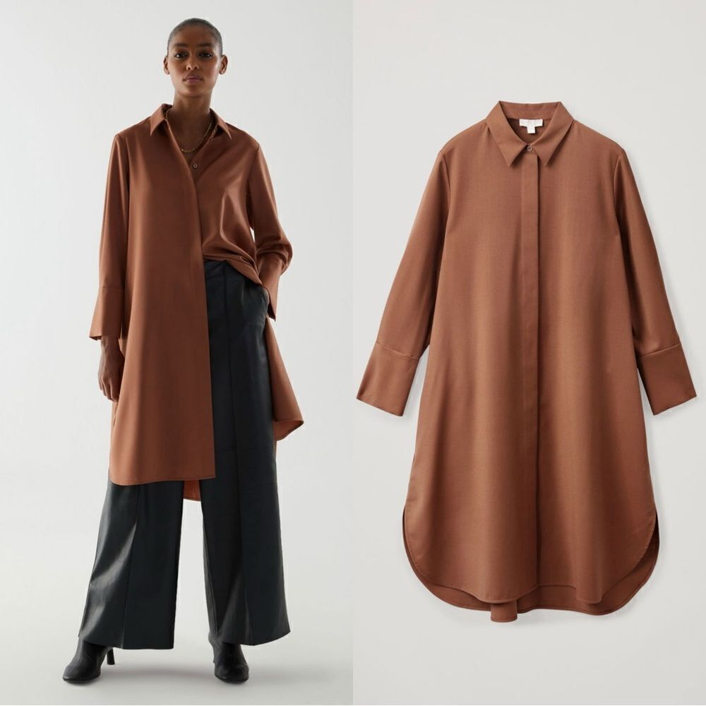 COS Long Button-Front Shirt Dress in Warm Caramel Brown